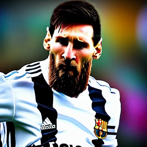 Image similar to Lionel Messi with a majestic beard, closeup, cinematic shot, 4k, award winning photo