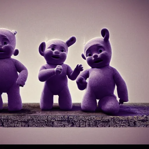 Image similar to A group of 4 Teletubbies, laughing as they use a knife to sacrifice a fellow Teletubby, on a stone table in the living room of an abandoned house. Highly detailed, rendered in unreal engine 5, daguerreotype portrait.