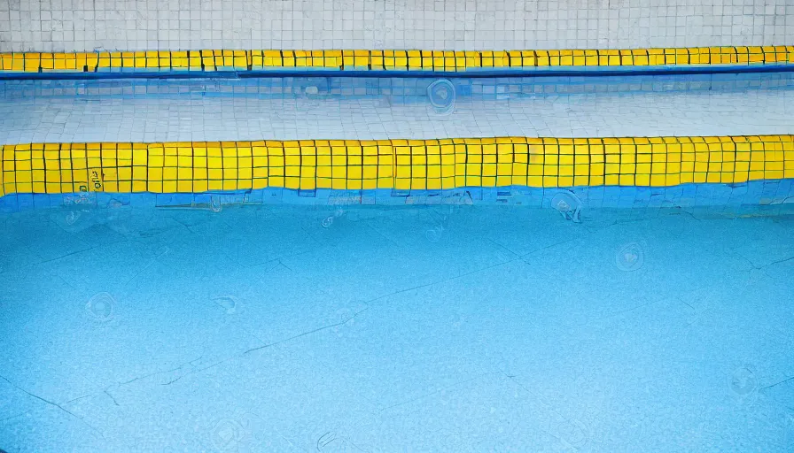 Image similar to 1 9 6 0 s movie still of an empty blue and yellow tiles municipal swimmingpool, high quality, high detail, liminal space style