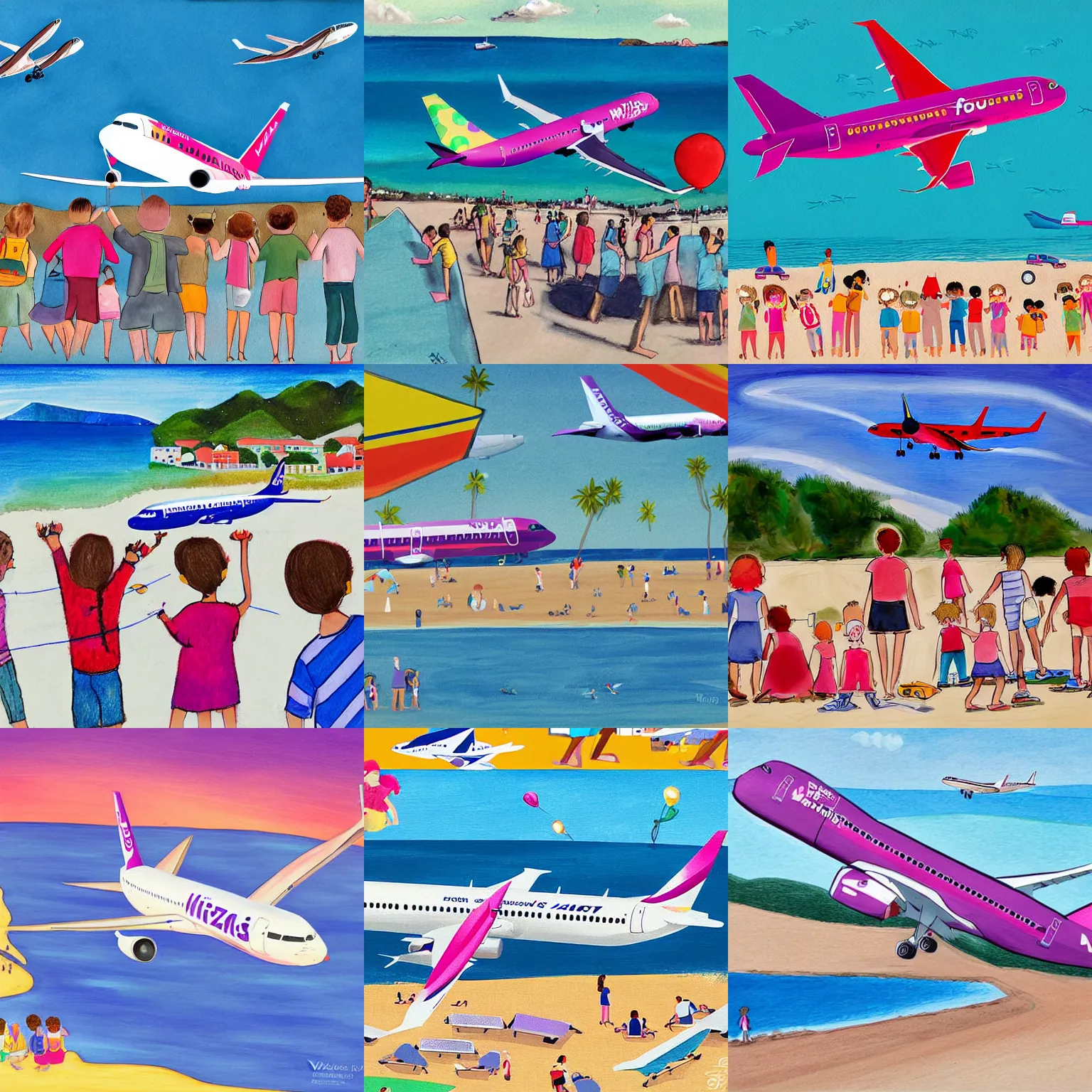 Prompt: a children's book illustration of a wizzair airbus a 3 2 1 neo landing at skiathos airport, low over the heads of the people on the beach, art by wanda gag