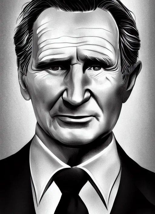 Prompt: the actor, liam neeson portrays united states president george w. bush, 8 0's movie poster, theatrical poster, vibrant fan art, digital art, trending on artstation, minimalist