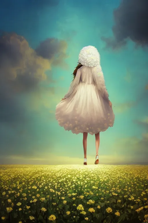 Image similar to giant white flower head, veil girl walking in a flower field, surreal photography, sunrise, dramatic light, impressionist painting, colorful clouds, digital painting, artstation, simon stalenhag