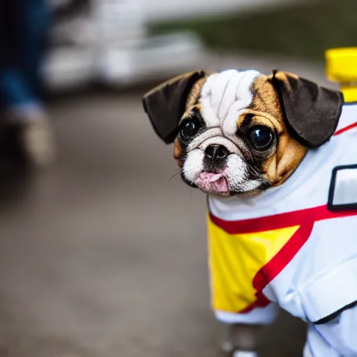 Image similar to a cute puppy wearing an ambulance costume, Canon EOS R3, f/1.4, ISO 200, 1/160s, 8K, RAW, unedited, symmetrical balance, in-frame