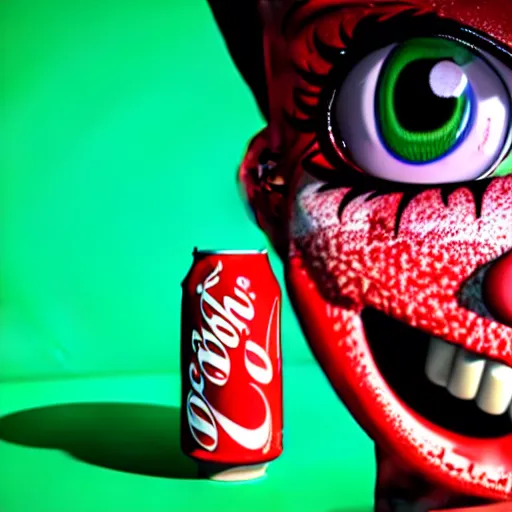 Image similar to 3 d render of the coke logo personified as a soda themed girl, large creepy eyes, extremely detailed and colorful eyes, soda themed girl, hyper detailed money sign pupils, tim burton, junji ito, her forehead has the coke logo carved into it, dollar sign pupils, extremely uncomfortable, money everywhere, cash falling, coke flood, blender 3 d, unreal engine