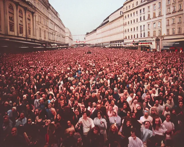 Image similar to crowd rally against a large leg in vienna, shot on kodak portra 4 0 0 3 5 mm film