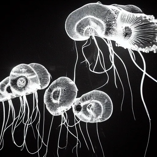 Image similar to bioluminiscent jellyfishes, award winning black and white photography