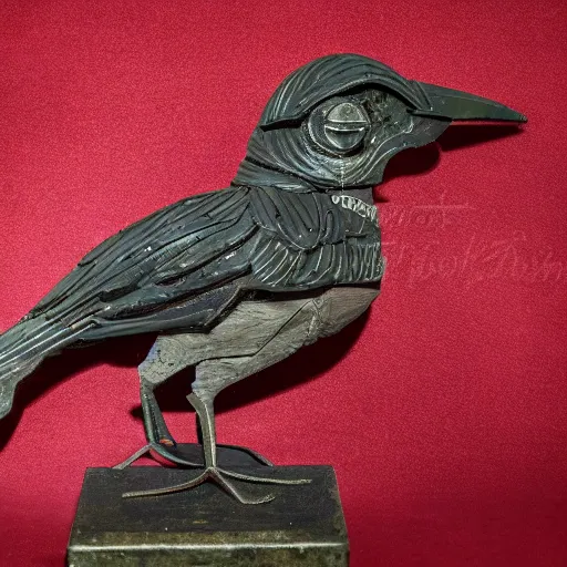 Prompt: a small cast iron bird with weapons and armor, ruby eyes, cast iron, folk art display, museum display, photography, studio lighting, 8k