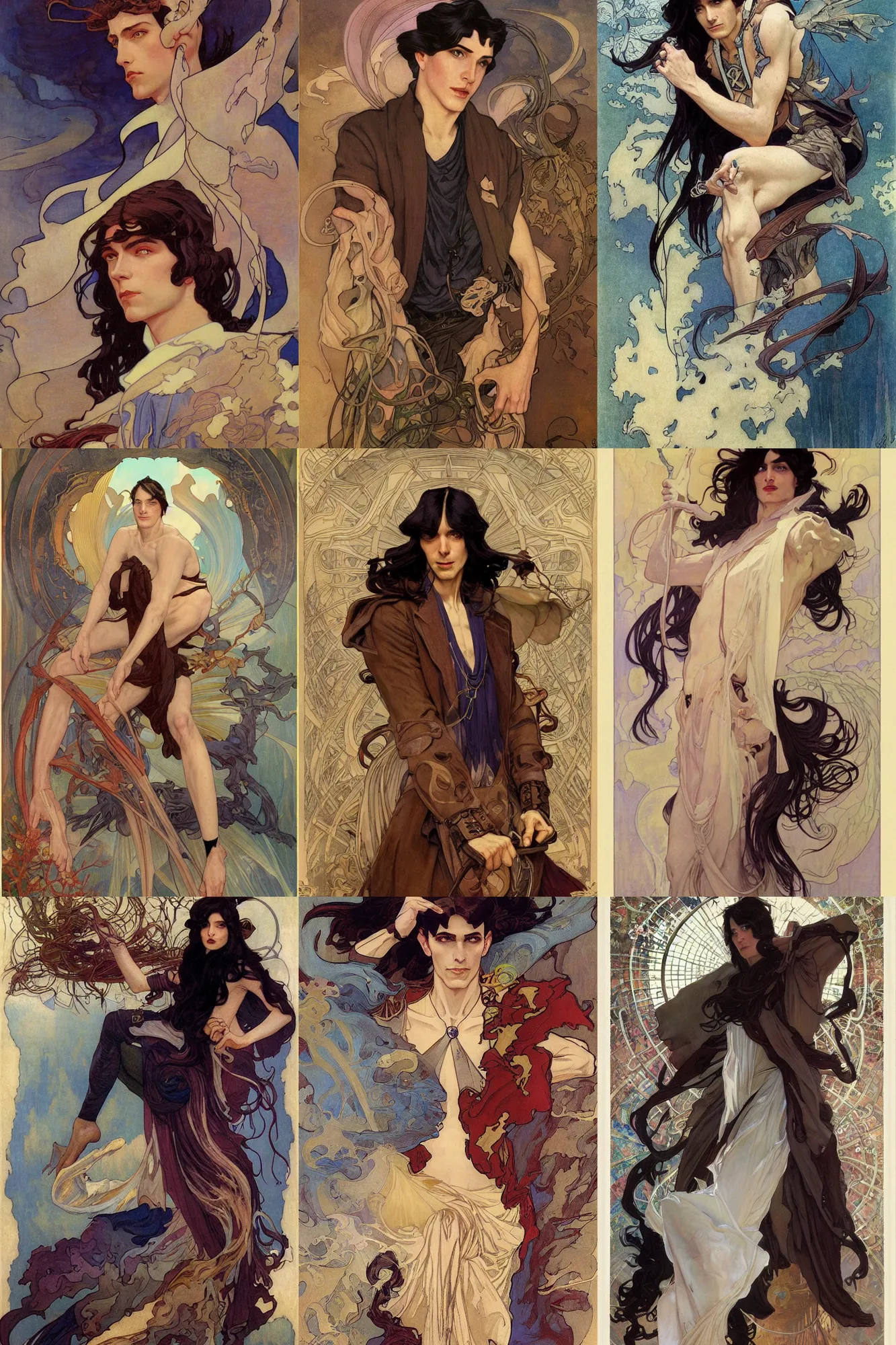 Prompt: thin male mage with long dark hair, 1 9 2 0 s fashion, fantasy, art by joseph leyendecker, peter mohrbacher, ruan jia, finnian macmanus, marc simonetti, ayami kojima, vasnetsov, cedric peyravernay, alphonse mucha, james jean