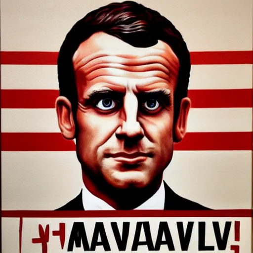 Prompt: painting close portrait of a very serious Emmanuel Macron with text