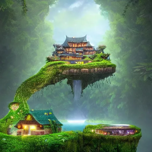 Image similar to waterfall village shaped like a frog, by benoit mandelbrot, filip hodas, vincent callebaut, mike campau and studio ghibli