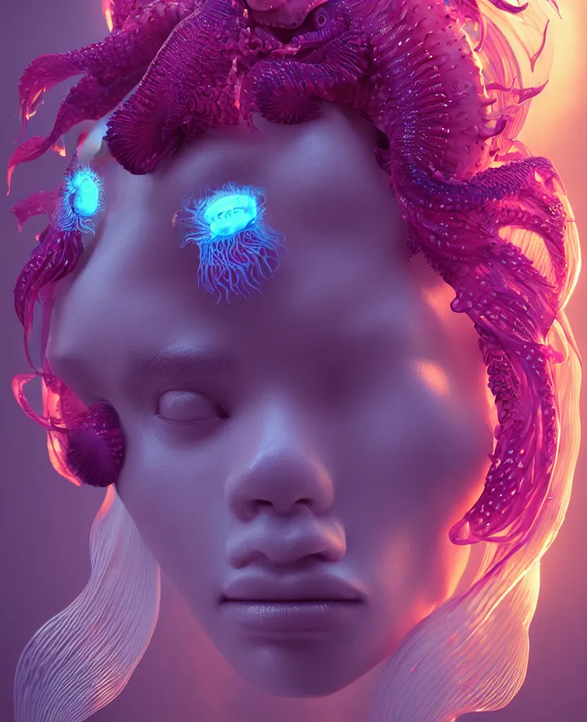 Image similar to goddess close-up portrait. orchid jellyfish phoenix head, nautilus, skull, betta fish, bioluminiscent creatures, intricate artwork by Tooth Wu and wlop and beeple. octane render, trending on artstation, greg rutkowski very coherent symmetrical artwork. cinematic, hyper realism, high detail, octane render, 8k