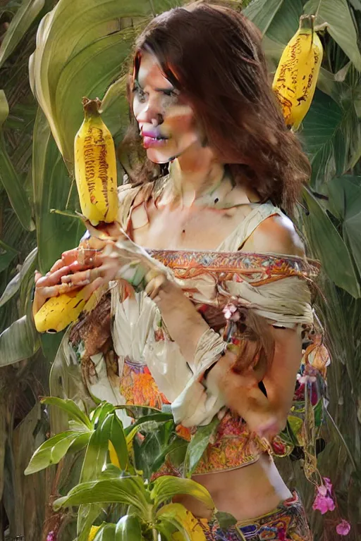 Prompt: ultra realistic illustration, bohemian girl with banana plants and flowers, staring directly into camera, intricate, elegant, highly detailed, digital painting, artstation, concept art, smooth, sharp focus, illustration, art by artgerm and greg rutkowski and alphonse mucha