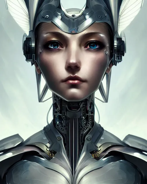 Image similar to portrait of a cyborg woman with metal wings, pixie character, genshin impact, fantasy magic, dark light night, intricate, elegant, sharp focus, illustration, highly detailed, concept art, matte, art by wlop and artgerm and greg rutkowski, anime, trending on artstation