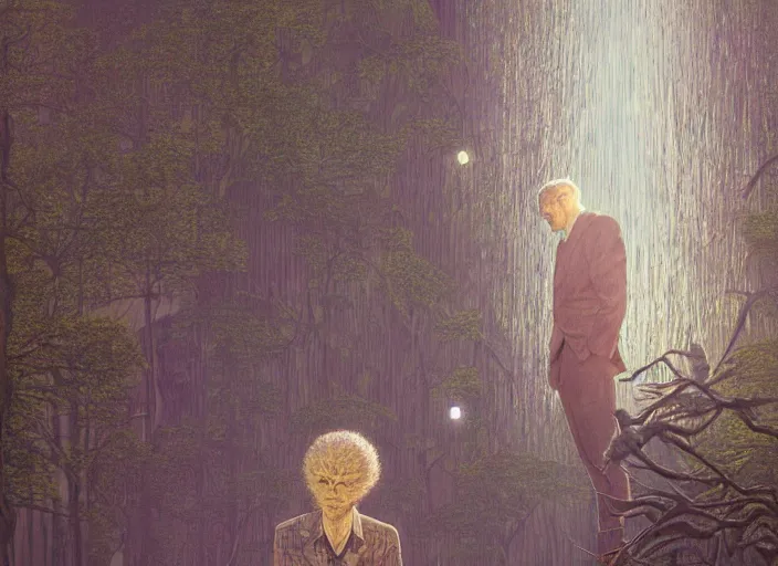 Image similar to portrait of man and sasquatch outside office building, cynical realism, painterly, yoshitaka amano, miles johnston, moebius, beautiful lighting, miles johnston, klimt, tendrils, in the style of, louise zhang, victor charreton, james jean, two figures, terrence malick screenshots, ghibli screenshot