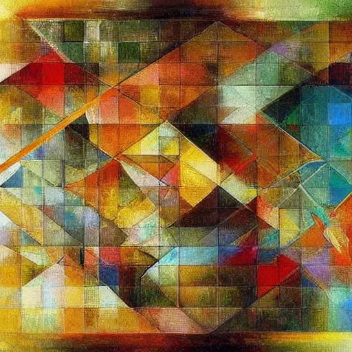 Prompt: A beautiful painting of a abstract composition of geometric shapes in various colors. wabi-sabi, modernism, Google by Thomas Moran, by Mat Collishaw #wow, detailed