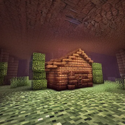 Image similar to atmospheric render of a small cabin next to a lake inside a dark underground cavern, minecraft rtx, 4 k