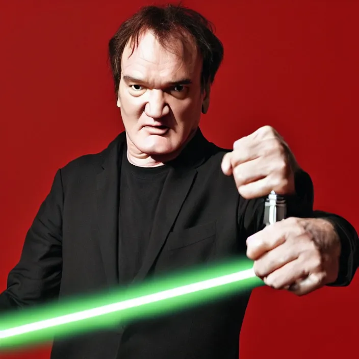 Prompt: quentin tarantino raising a lightsaber with his right hand, giving his thumb up with his left hand. without characters. green background. cinematic trailer format.