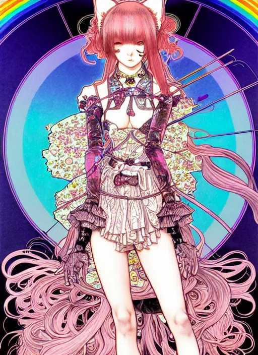 Image similar to highly detailed terada katsuya artstation manga poster of cat girl mechine, rainbow gradient reflection, ayami kojima, long hair, armor, dress, laces, ruffles, 8 k, maximalist, takato yamamoto, alphonse mucha