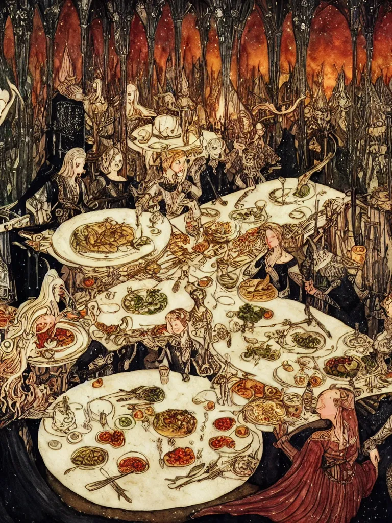 Image similar to medieval feast on platter, warm lighting, fantasy, intricate, elegant, highly detailed, digital painting, artstation, concept art, matte, sharp focus, illustration, art by kay nielsen and walter crane, illustration style, watercolor