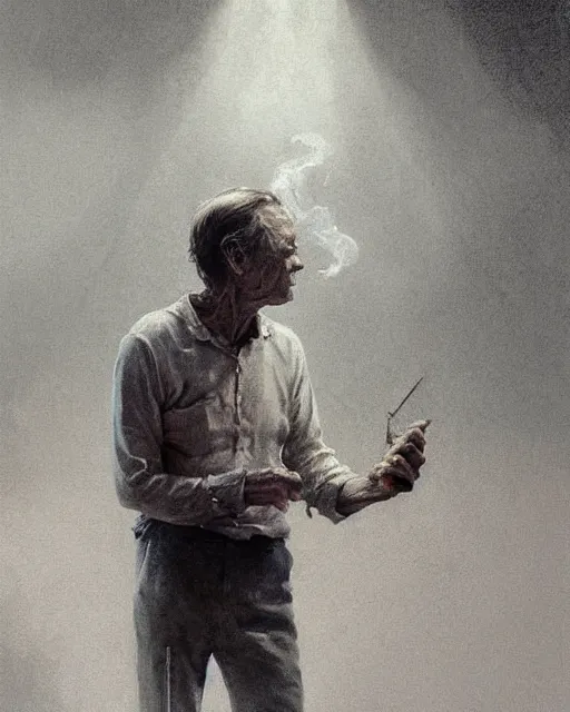 Prompt: a highly detailed epic cinematic concept art CG render digital painting artwork costume design: Henry Fonda as a 1950s tired poet, barefoot, smoking a cigarette. volumetric lighting. By Greg Rutkowski, in the style of Francis Bacon and Syd Mead and Norman Rockwell and Beksinski, open ceiling, highly detailed, painted by Francis Bacon and Edward Hopper, painted by James Gilleard, surrealism, airbrush, Ilya Kuvshinov, WLOP, Stanley Artgerm, very coherent, triadic color scheme, realistic facial expression, art by Takato Yamamoto and James Jean