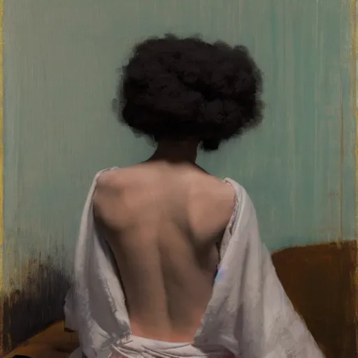 Prompt: girl with afro, in kimono, backview, sitting on edge of bed, by jeremy lipking, tim rees, joseph todorovitch