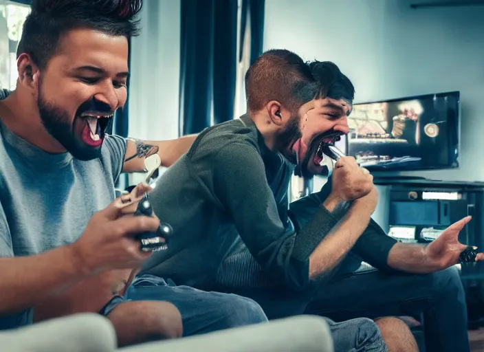 Prompt: Two buddies sitting in a room, smoking a huge blunt and playing playstation 5, they both laugh maniacally and smoking. wideshot. 4k.