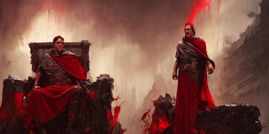 Image similar to the end is near. a tired julius caesar is sitting on his throne. face is highly detailed. splices of red are running down his toga. mist. color scheme red. low angle medium shot. imagined by greg rutkowski and andreas rocha