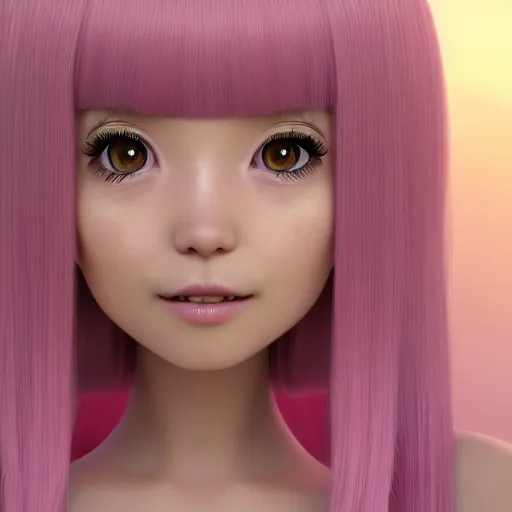 Prompt: A portrait of Nikki from Shining Nikki and Love Nikki, a cute 3d cgi toon young woman with long light pink hair, full bangs, hazel eyes, full round face, light makeup, pale skin, Chinese heritage, in the center midground, medium shot, mid-shot, hyperdetailed, 8k, trending on artstation, as a Pixar character