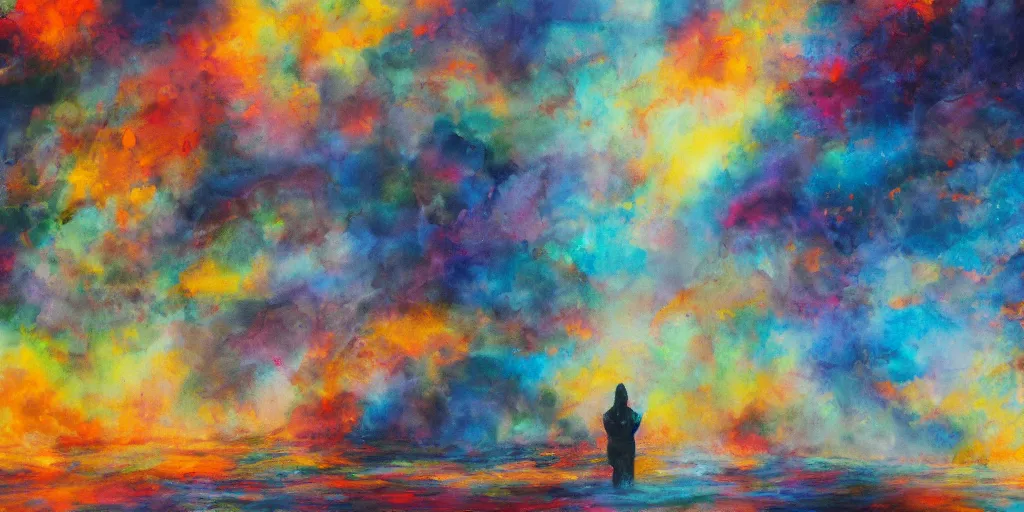 Prompt: The quiet comprehending of the ending of it all - Beautiful painting by Bo Burnham with and abstract feel other than the fire overwhelming the piece. 4K HD Wallpaper. Premium Prints Available