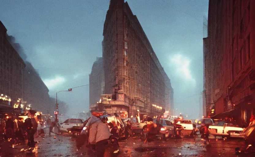 Image similar to 1990s movie still of a yougoslavian street with a large riot with stalinist style highrise, Cinestill 800t 18mm, heavy grainy picture, very detailed, high quality, 4k panoramic, HD criterion, dramatic lightning, streetlight at night, rain, foggy