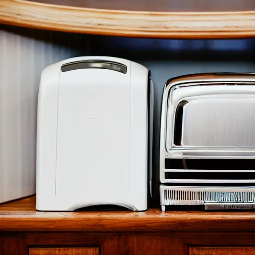 Prompt: A toaster wearing a tuxedo and a fridge wearing a bridal gown in a church