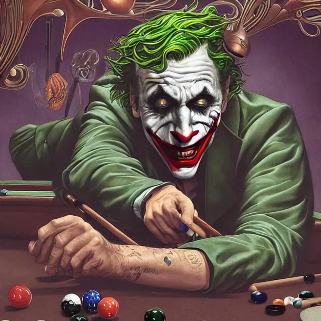 Image similar to the joker playing pool, by ernst haeckel, artgerm, james jean