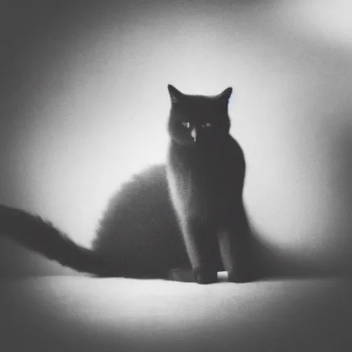 Image similar to black cloudy shadow in a cat shape, cuddly fur, blurry, mystical, misty, dreamy, shadow polaroid photo