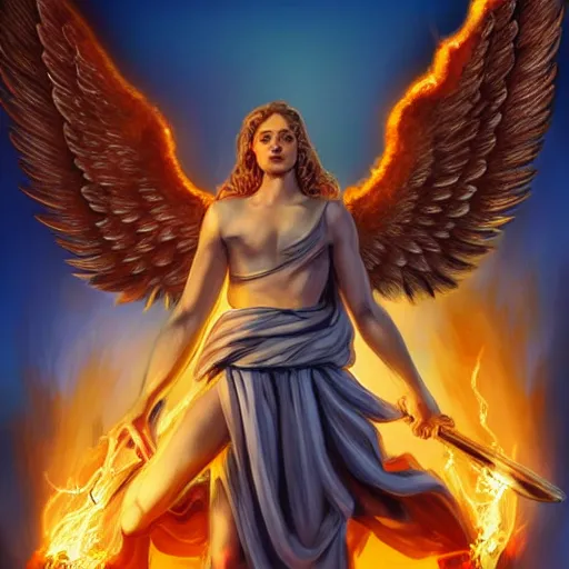 Prompt: biblically accurate angel, epic propaganda poster, holding a flaming sword, strength, health, confidence, in the style of magic the gathering cart art