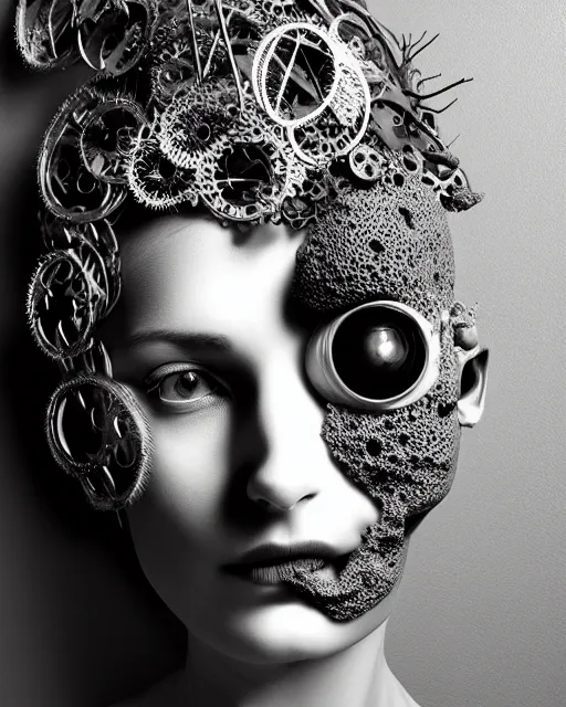 Image similar to black and white dreamy foggy smoky profile face portrait, one silver steampunk realistic eye biomechanical beautiful young female cyclope - cyborg - robot bust, body ribs meshes,, volumetric light, hibiscus flowers, by hg giger, rim light, by dora maar and cecile beaton, big gothic fashion pearl embroidered collar, 8 k