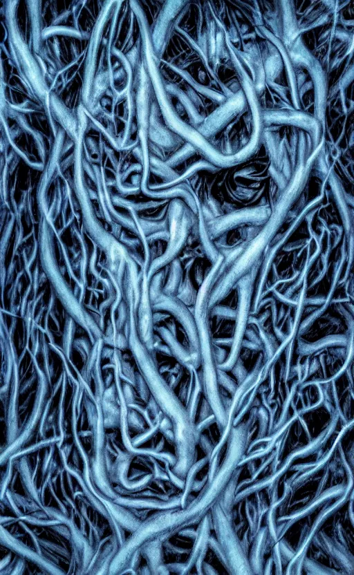 Image similar to blue vines in a dark cave forming a human face, creepy, extreme detail