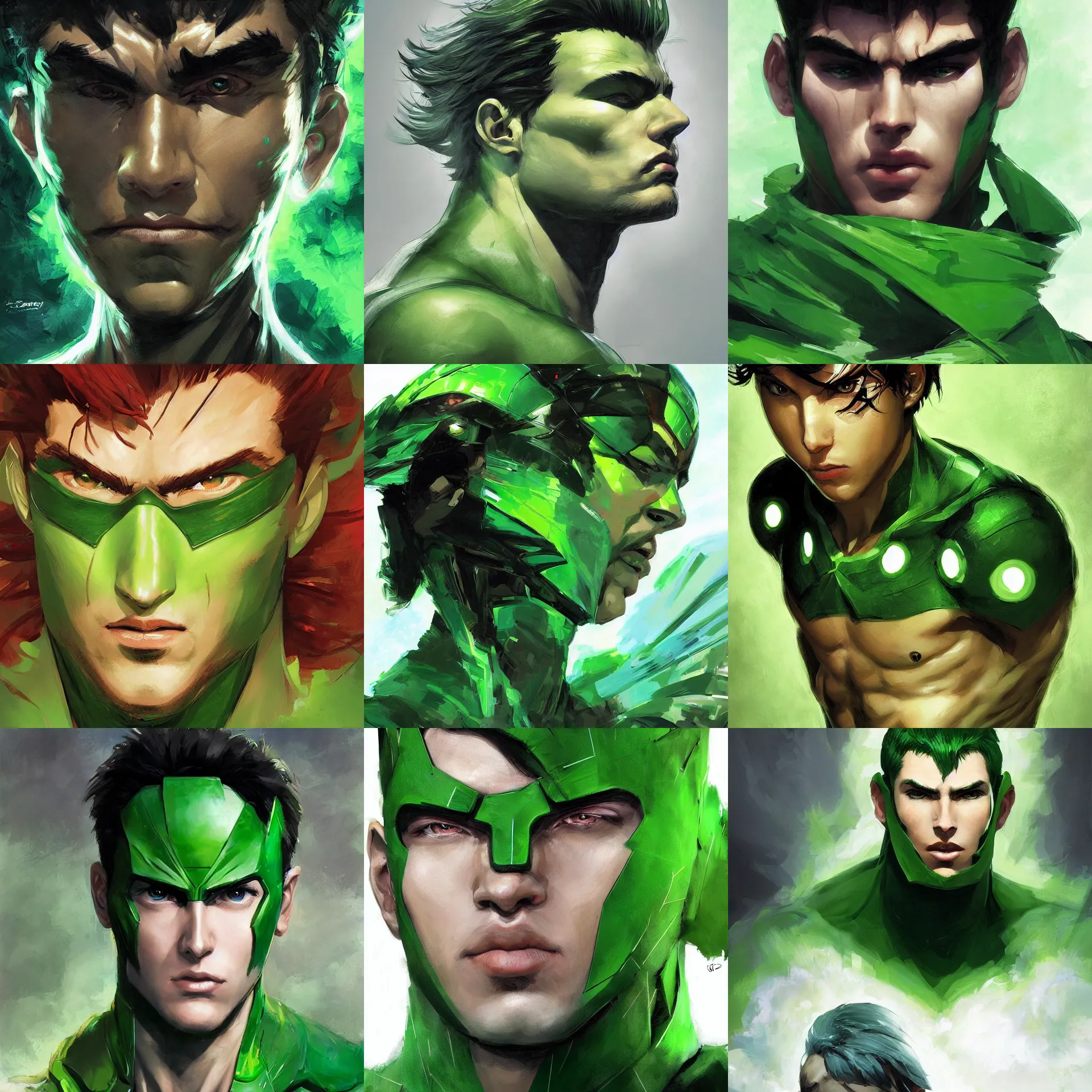 Prompt: 3 / 4 view digital art painting of a young man wearing a green super hero costume, beautiful face, defined facial features, symmetrical facial features, symmetrical face, fluffy clouds, painted by stanley lau, artgerm and greg rutkowski and yoji shinkawa, dramatic lighting