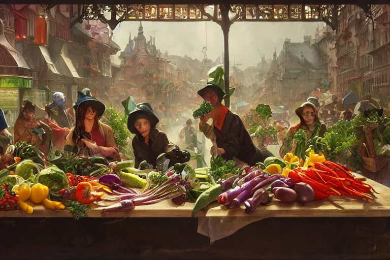 Prompt: vegetables parade on a cutting board in the kitchen, digital art, realistic, anthropomorphic, highly detailed, cinematic, matte painting, vivid colors, realistic, epic lighting, by greg rutkowski and artgerm and alphonse mucha