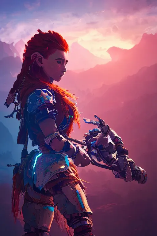 Image similar to combination suit armor aloy horizon forbidden west horizon zero dawn radiating a glowing aura global illumination ray tracing hdr fanart arstation by ian pesty and alena aenami artworks in 4 k tribal robot ninja mask helmet backpack