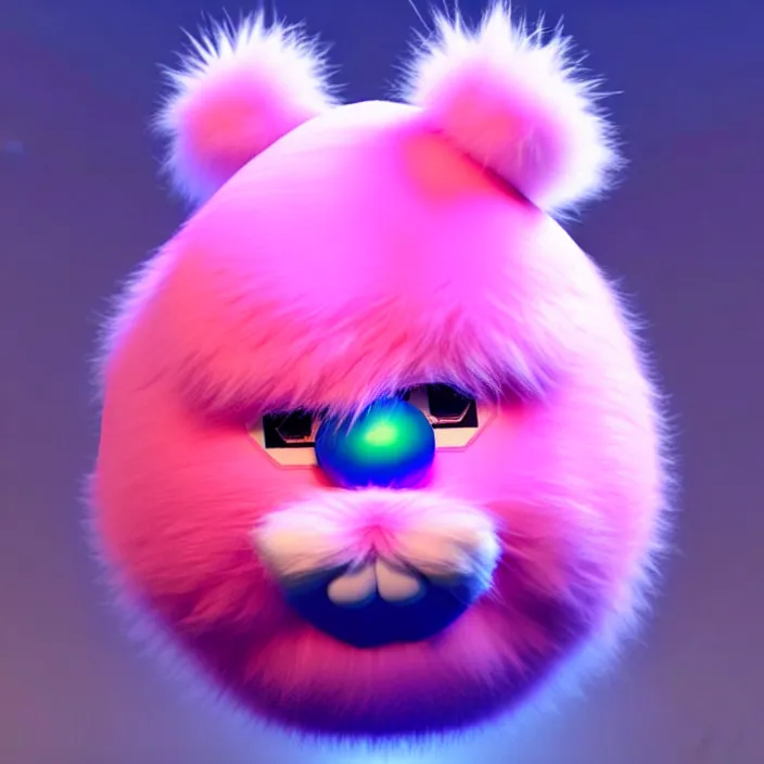 Image similar to high quality 3 d render hyperrealistic very cute big spherical creature, whiskers, plush mascot, short spiky dense fluffy smooth hair, isometric 3 d, psychedelic lighting pink fluffy fur 1 cm long, 1 5 0 mm, smooth background, artstation, ultra detailed, elegant, ultra detailed, octane render