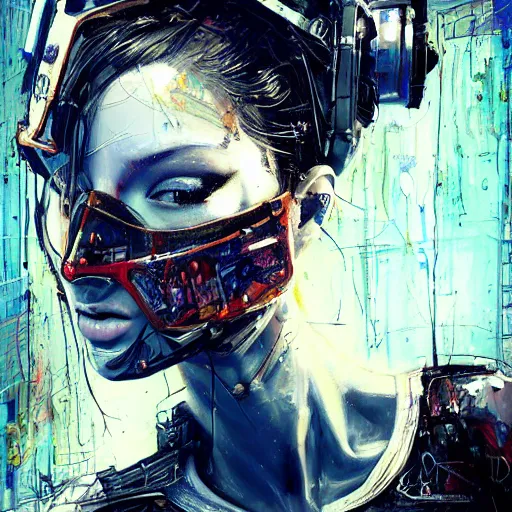 Prompt: sexy beautiful woman head made of mech mask rendered in unreal engine, cyberpunk, rave dark, scifi, painted by david burliuk | bernard buffet | carne griffiths | arik brauer - n 6