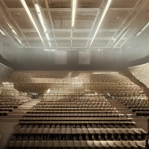 Image similar to concept art of the auditorium of a singaporean school, it is evening and light slants in through the windows, art by greg rutkowski