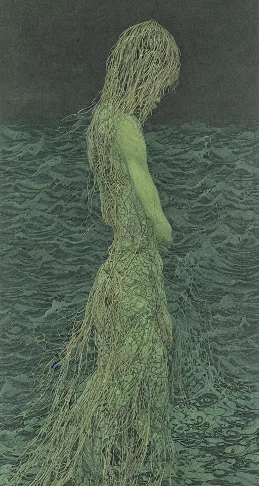 Image similar to standing in the brine, high detailed beksinski painting, part by adrian ghenie and gerhard richter. art by takato yamamoto. masterpiece, dark, deep colours, green, black