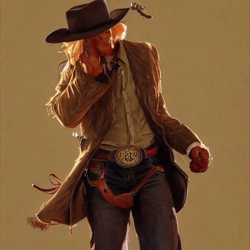 Image similar to Golden Retriever dressed as a Cowboy, highly detailed, digital painting, artstation, concept art, smooth, sharp focus, illustration, art by artgerm and greg rutkowski and alphonse mucha