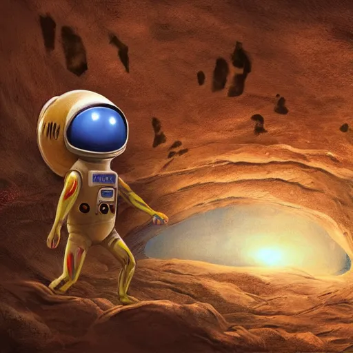 Prompt: cave drawing of astronaut meeting alien, high resolution, concept art, award winning