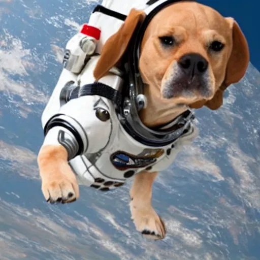 Prompt: an astronaut dog floating towards a giant dog treat