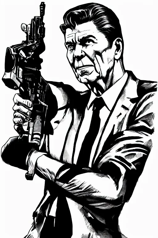 Image similar to ronald reagan holding a pistol, a page from cyberpunk 2 0 2 0, style of paolo parente, style of mike jackson, adam smasher, johnny silverhand, 1 9 9 0 s comic book style, white background, ink drawing, black and white, colouring pages