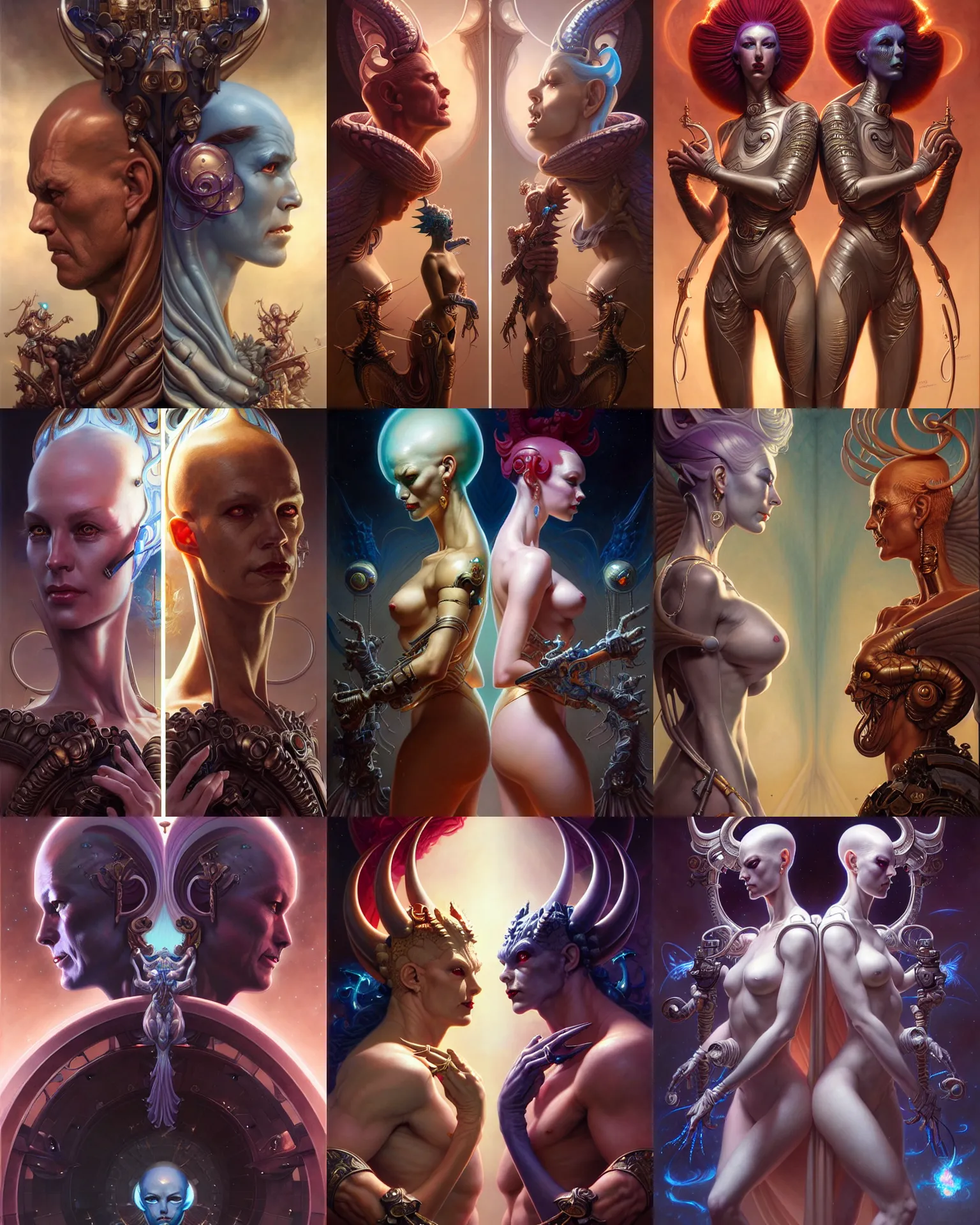 Image similar to beautiful gemini good and evil fantasy character portrait, ultra realistic, wide angle, intricate details, the fifth element artifacts, highly detailed by peter mohrbacher, hajime sorayama, wayne barlowe, boris vallejo, aaron horkey, gaston bussiere, craig mullins