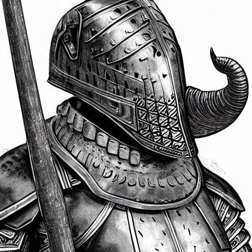 Prompt: armored knight wearing a tusked elephant helmet, dungeons and dragons illustration