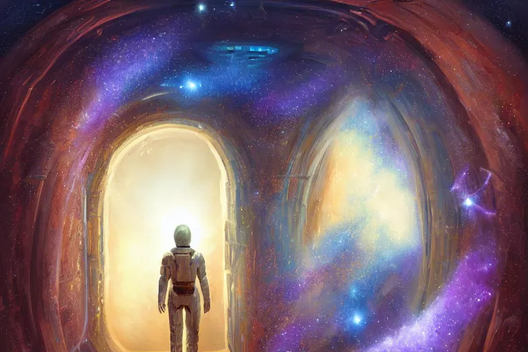 Image similar to A hyperdetailed digital oil painting of A doorway to the galaxy, Trending on ArtStation and DeviantArt